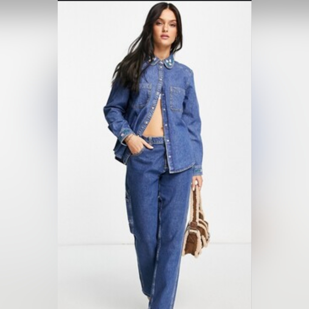 And other stories & denim shirt with floral embroidery in blue - Sz 4